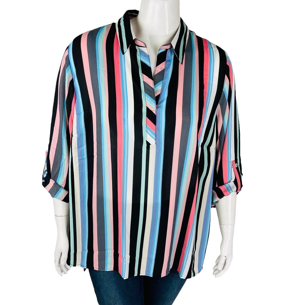 Avenue Womans Sz 22/24 Half Button Front Blouse 3/4‎ Sleeve Striped Black Pink